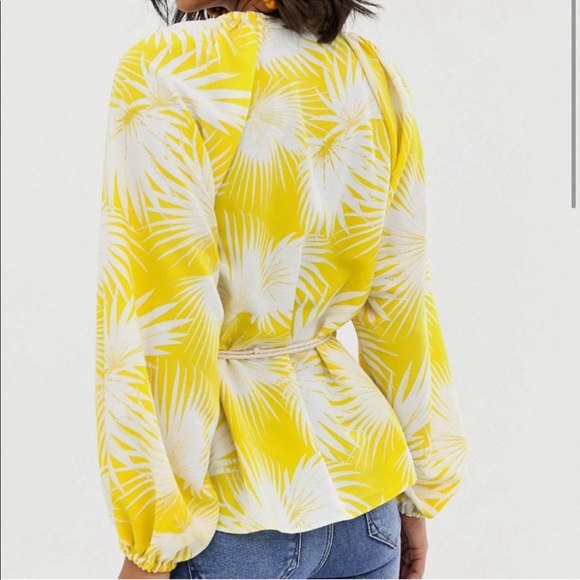 ASOS Yellow Palm Print Plunge Kimono Top V Neck Wrap Puffy Sleeve Blouse Size 2 - Picture 2 of 11
